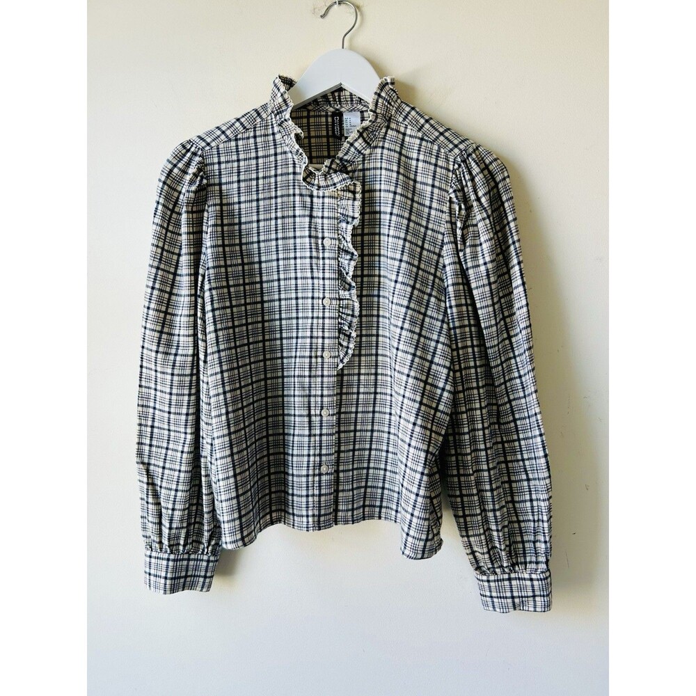 H & M Women’s Blue White Plaid Ruffle Trim Button Down Cotton Size M Boho Frilly